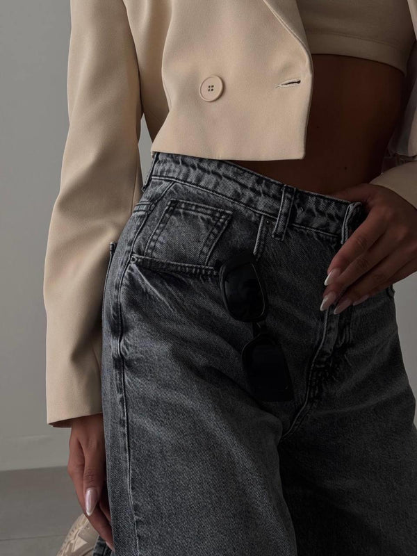 Yüksek Bel Bol Kesim Koyu Gri Wide Leg Jean Pantolon