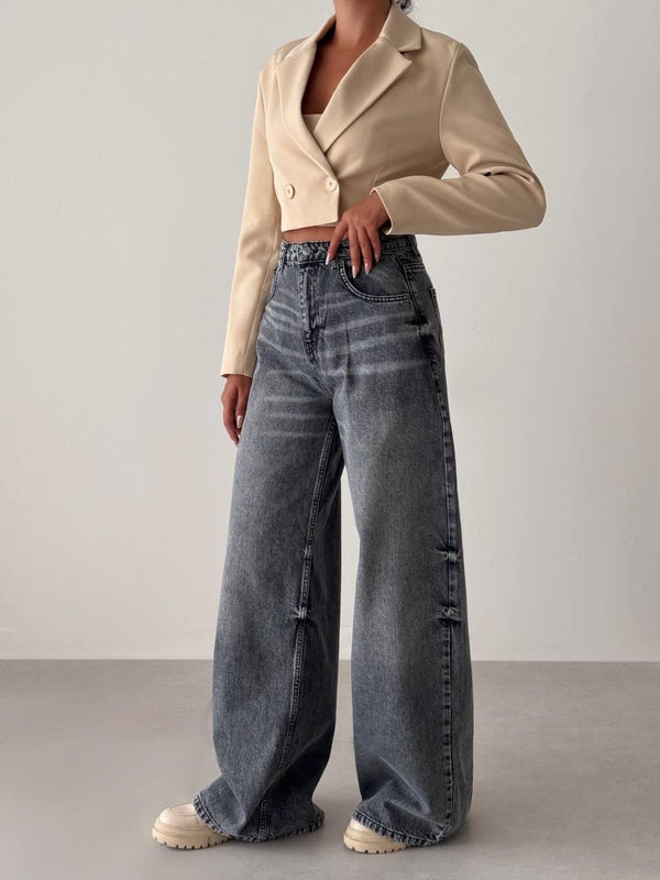 Yüksek Bel Bol Kesim Koyu Gri Wide Leg Jean Pantolon