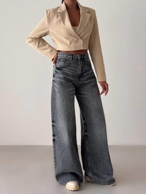 Yüksek Bel Bol Kesim Koyu Gri Wide Leg Jean Pantolon