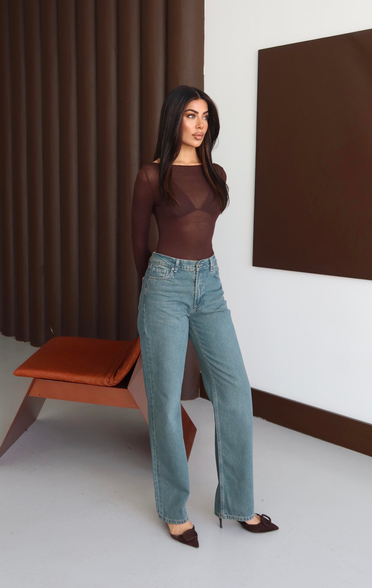 Pantaloni denim cu talie înaltă, drepți, cu nuanțe verzi