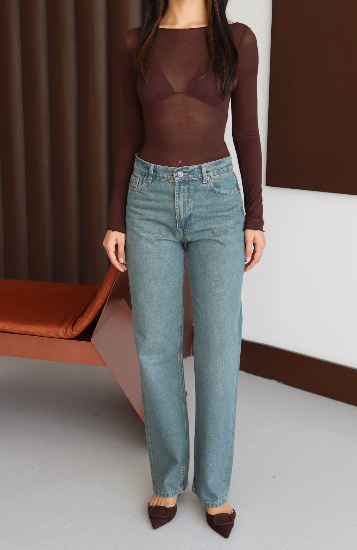 Pantaloni denim cu talie înaltă, drepți, cu nuanțe verzi