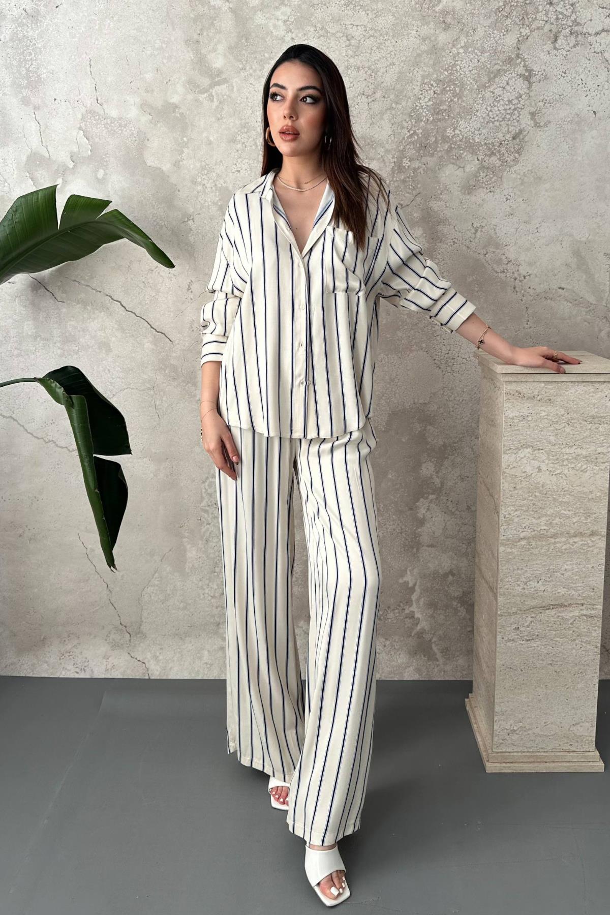 Mavi Çizgili Saten Takım