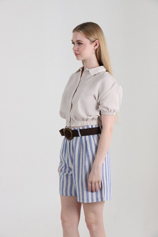 Topshow Blue Striped Belted Linen Wholesale Shorts