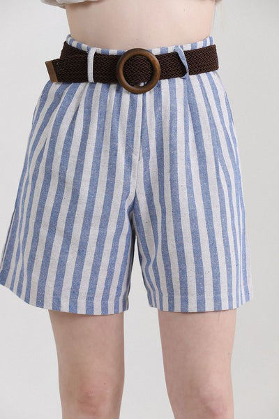 Topshow Blue Striped Belted Linen Wholesale Shorts