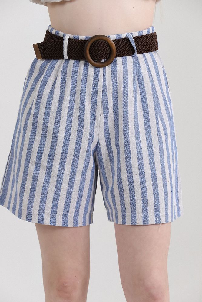 Topshow Blue Striped Belted Linen Wholesale Shorts