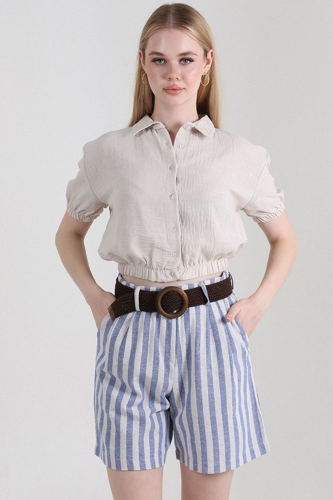 Topshow Blue Striped Belted Linen Wholesale Shorts