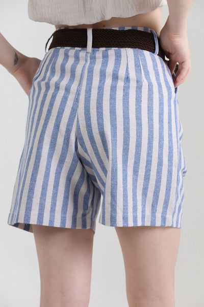 Topshow Blue Striped Belted Linen Wholesale Shorts