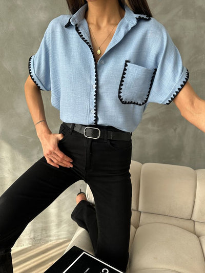 Topshow Mavi Çoban Dikişli Keten Toptan Gömlek