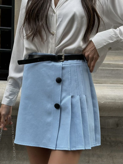 Pleated Skirt with Belt Detail - Blue | TOPSHOW