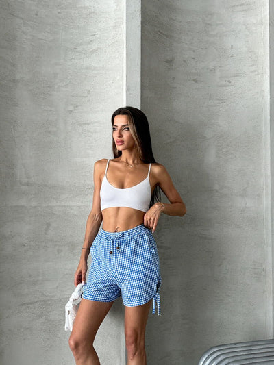 Topshow Blue Gingham Wholesale Shorts with Side Lacing