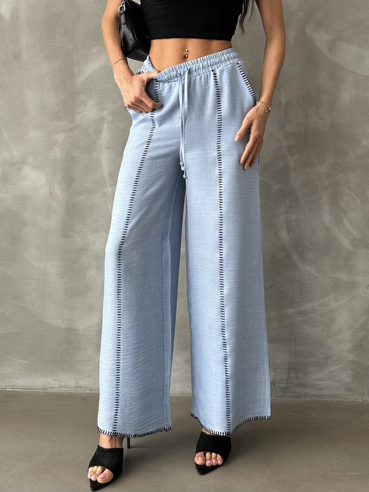 Embroidered Linen Straight-Leg Wholesale Trousers - Blue