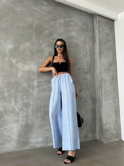Pantaloni drepți din in brodat, en-gros - Albastru