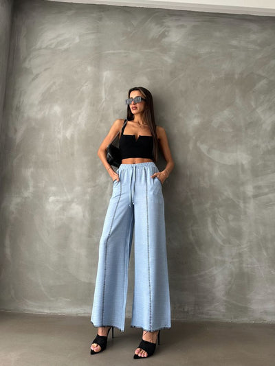 Pantaloni drepți din in brodat, en-gros - Albastru