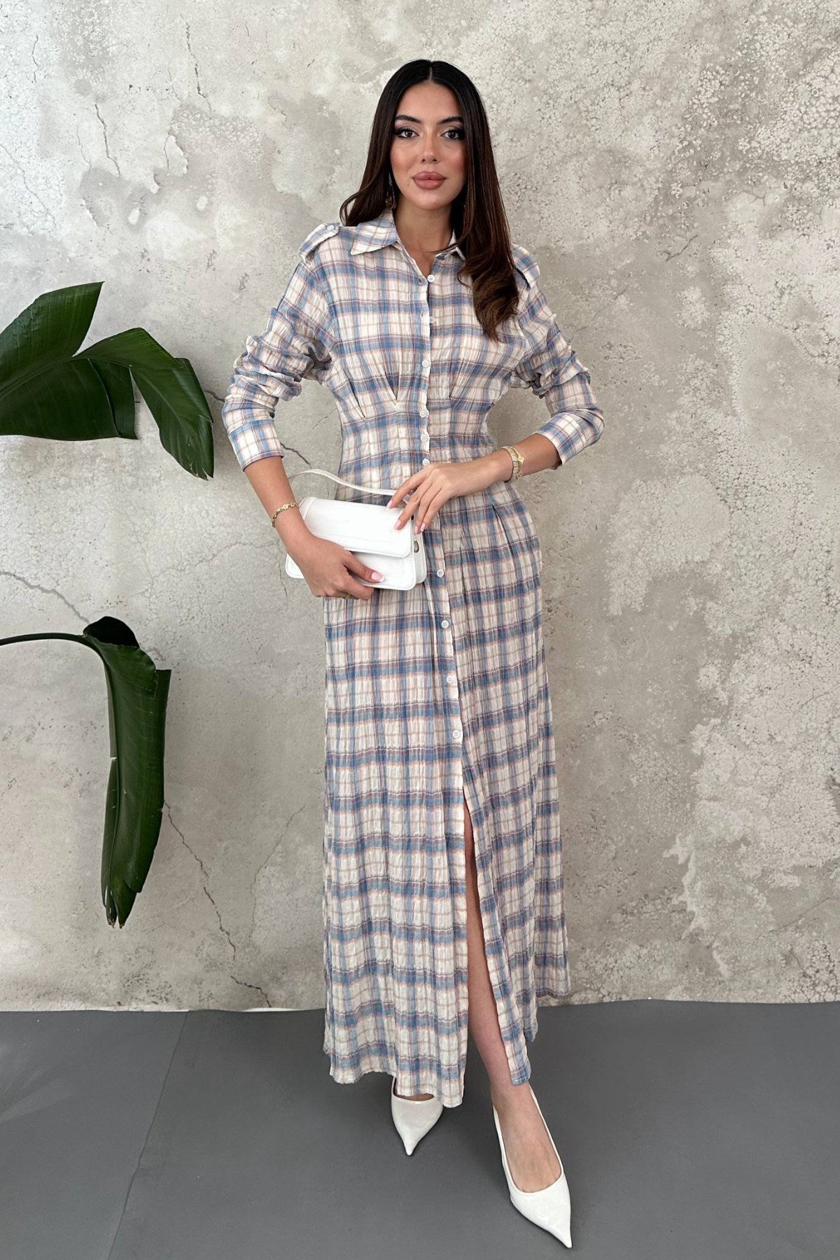 Mavi Pileli Ekoseli Elbise