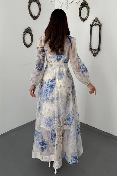 Blue Rhinestone Floral Patterned Dress