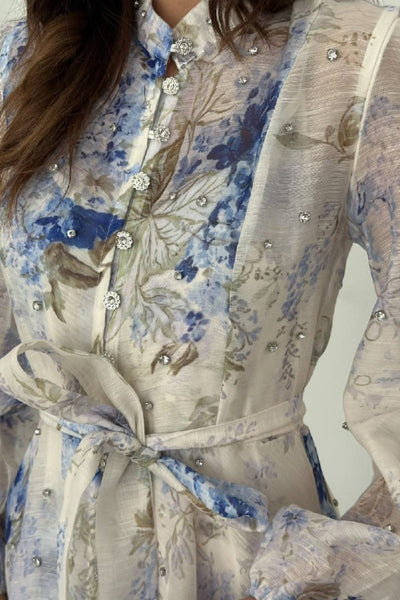 Blue Rhinestone Floral Patterned Dress