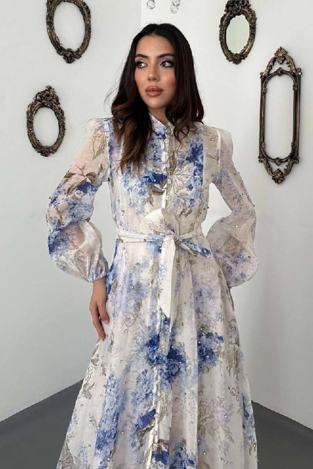 Blue Rhinestone Floral Patterned Dress
