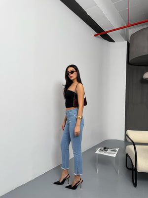 Yüksek Bel Paça Kesik Püskül Detaylı Light Blue Jean Pantolon