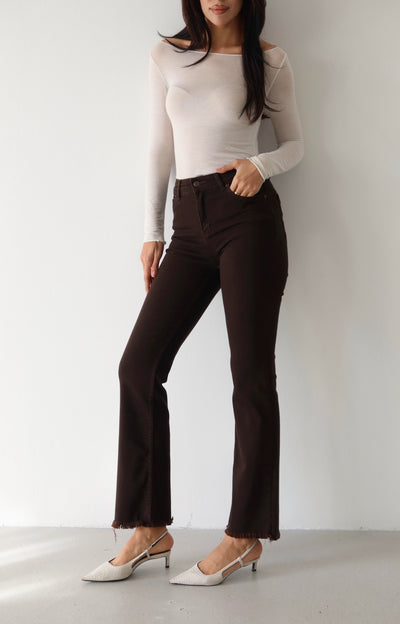 Pantalon Jean Maro Închis Talie Înaltă Detaliu Ciucuri