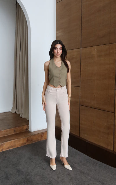Pantaloni Jean Bej cu Talie Înaltă și Crac cu Ciucure