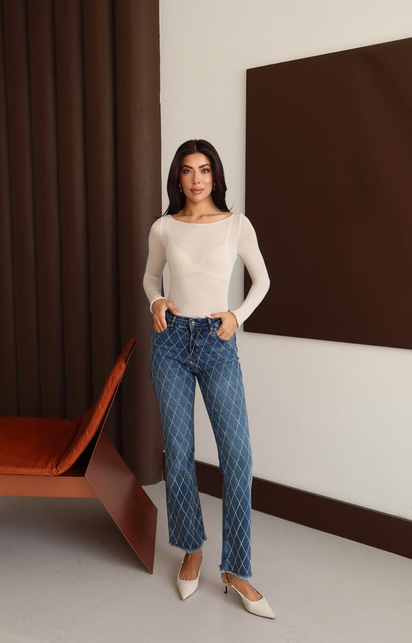 Yüksek Bel Paça Püskül Detaylı Taş İşlemeli Blue Taşlı Jean Pantolon
