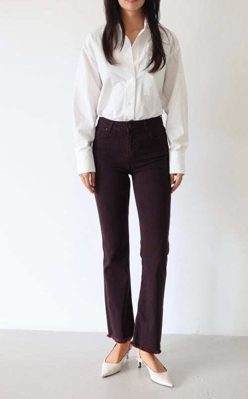 Blugi vișini, cu talie înaltă, slim fit, cu detalii de ciucuri