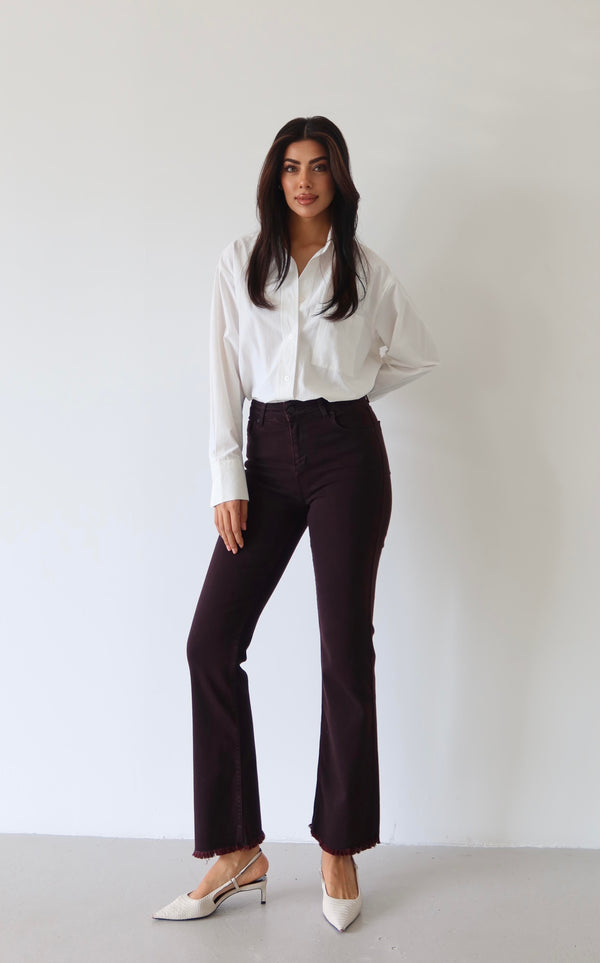 Blugi vișini, cu talie înaltă, slim fit, cu detalii de ciucuri