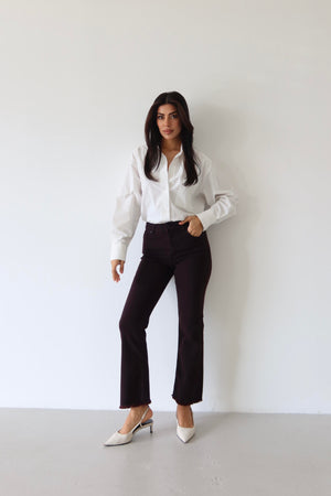 Blugi vișini, cu talie înaltă, slim fit, cu detalii de ciucuri