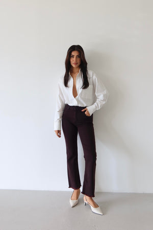 Blugi vișini, cu talie înaltă, slim fit, cu detalii de ciucuri