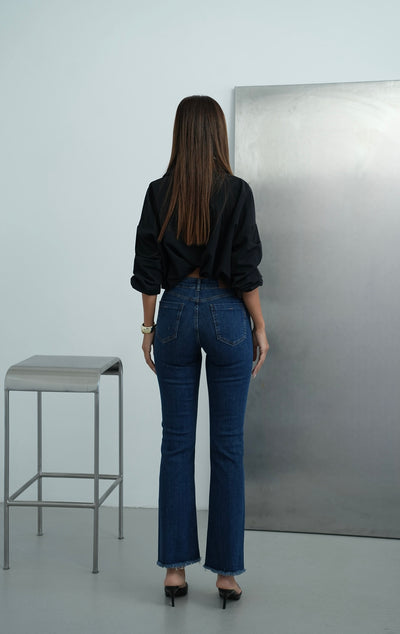 Pantaloni Jean Damă Dark Blue Tint cu Talie Înaltă și Franjuri la Tiv