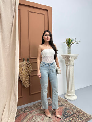 Yüksek Bel Paça Püskül Detaylı Light Blue Tint Jean Pantolon