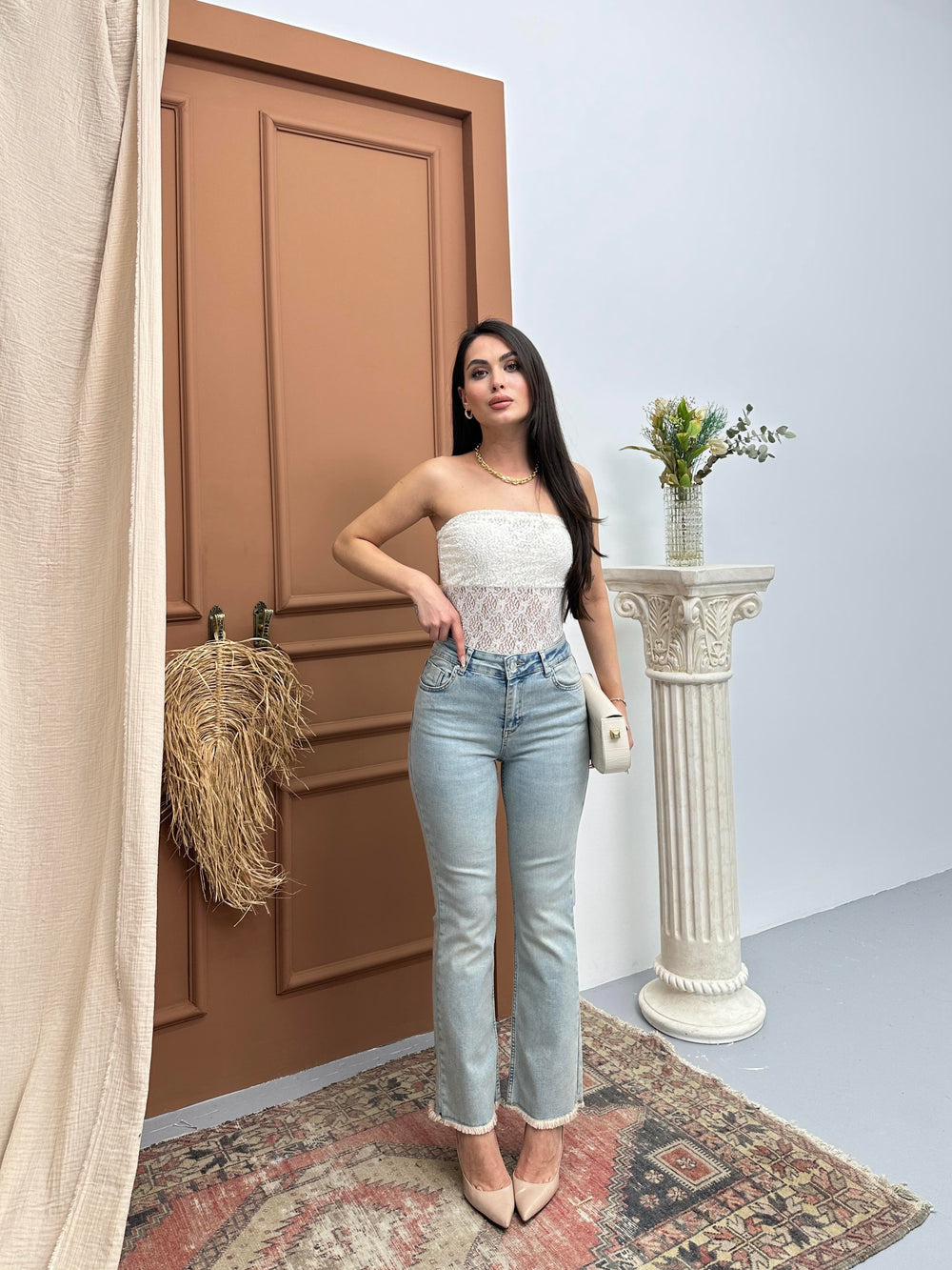 Yüksek Bel Paça Püskül Detaylı Light Blue Tint Jean Pantolon