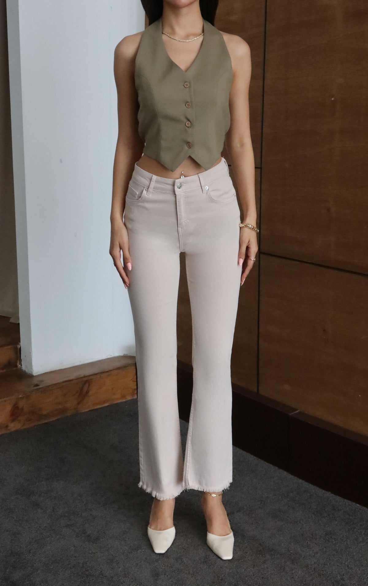 Pantaloni Jean Bej cu Talie Înaltă, Crac cu Ciucure și Mărime Extra