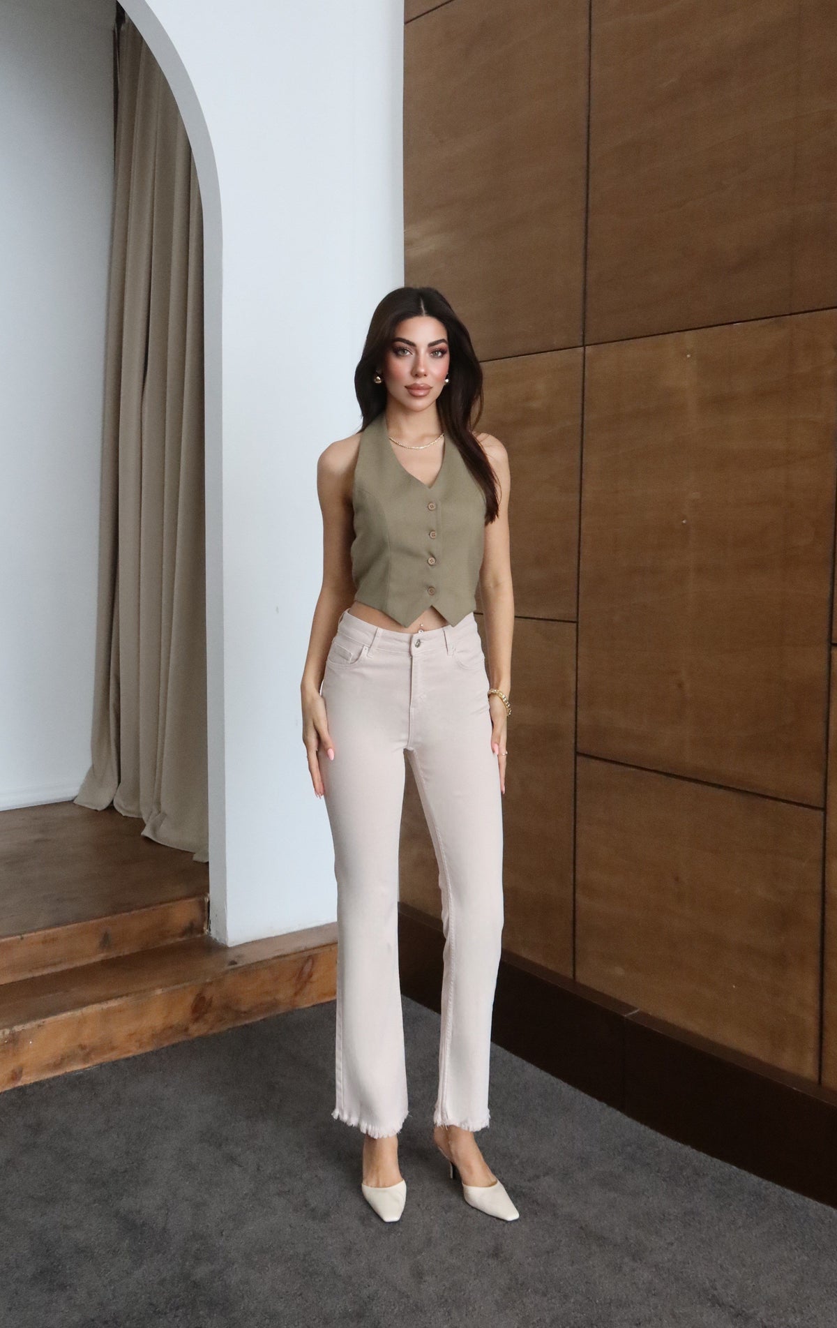 Pantaloni Jean Bej cu Talie Înaltă, Crac cu Ciucure și Mărime Extra