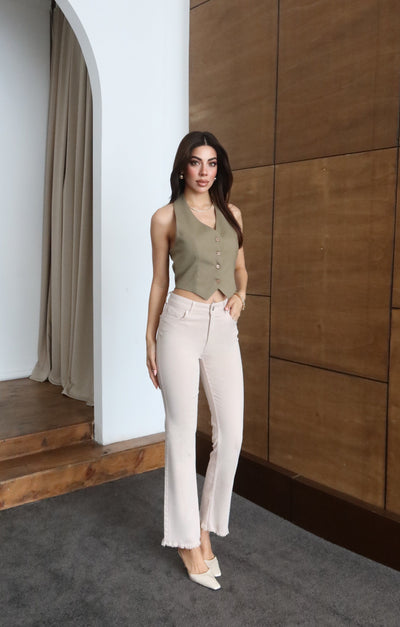 Pantaloni Jean Bej cu Talie Înaltă, Crac cu Ciucure și Mărime Extra