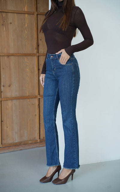 Mini Flare Paça Püskül Detaylı Ara Beden Dark Blue Jean Pantolon