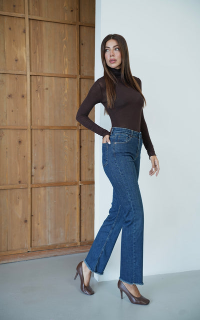Mini Flare Paça Püskül Detaylı Ara Beden Dark Blue Jean Pantolon