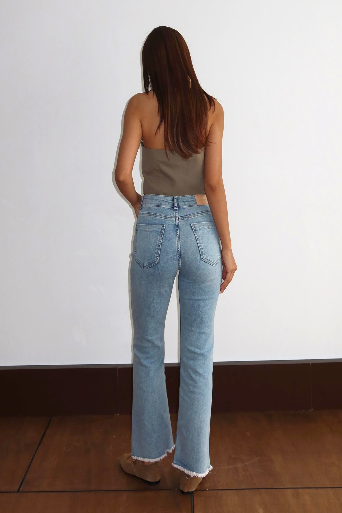 Pantalon Jean Albastru Deschis Talie Înaltă Mărime Extra Detaliu Ciucuri