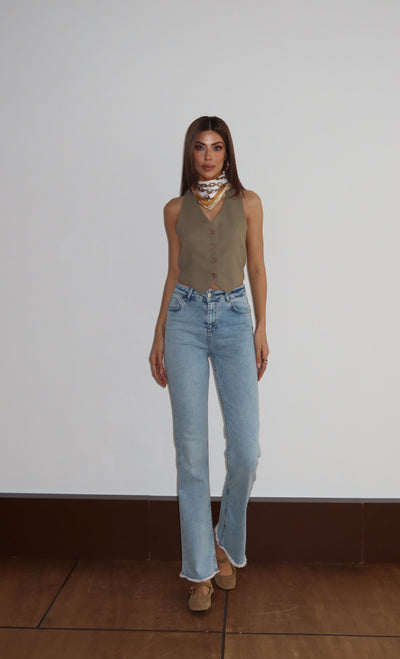 Pantalon Jean Albastru Deschis Talie Înaltă Mărime Extra Detaliu Ciucuri
