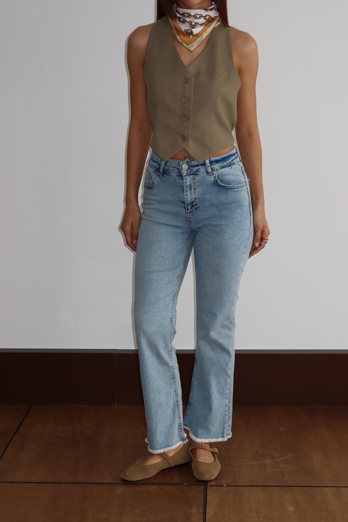 Pantalon Jean Albastru Deschis Talie Înaltă Mărime Extra Detaliu Ciucuri