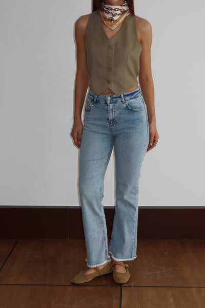 Pantalon Jean Albastru Deschis Talie Înaltă Mărime Extra Detaliu Ciucuri