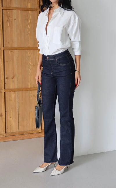 Pantalon Jean Rinse Talie Înaltă Mărime Intermediară Cusături Brute Detailate