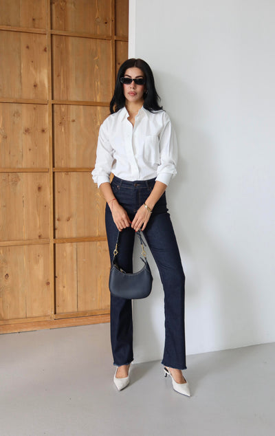 Pantalon Jean Rinse Talie Înaltă Mărime Intermediară Cusături Brute Detailate