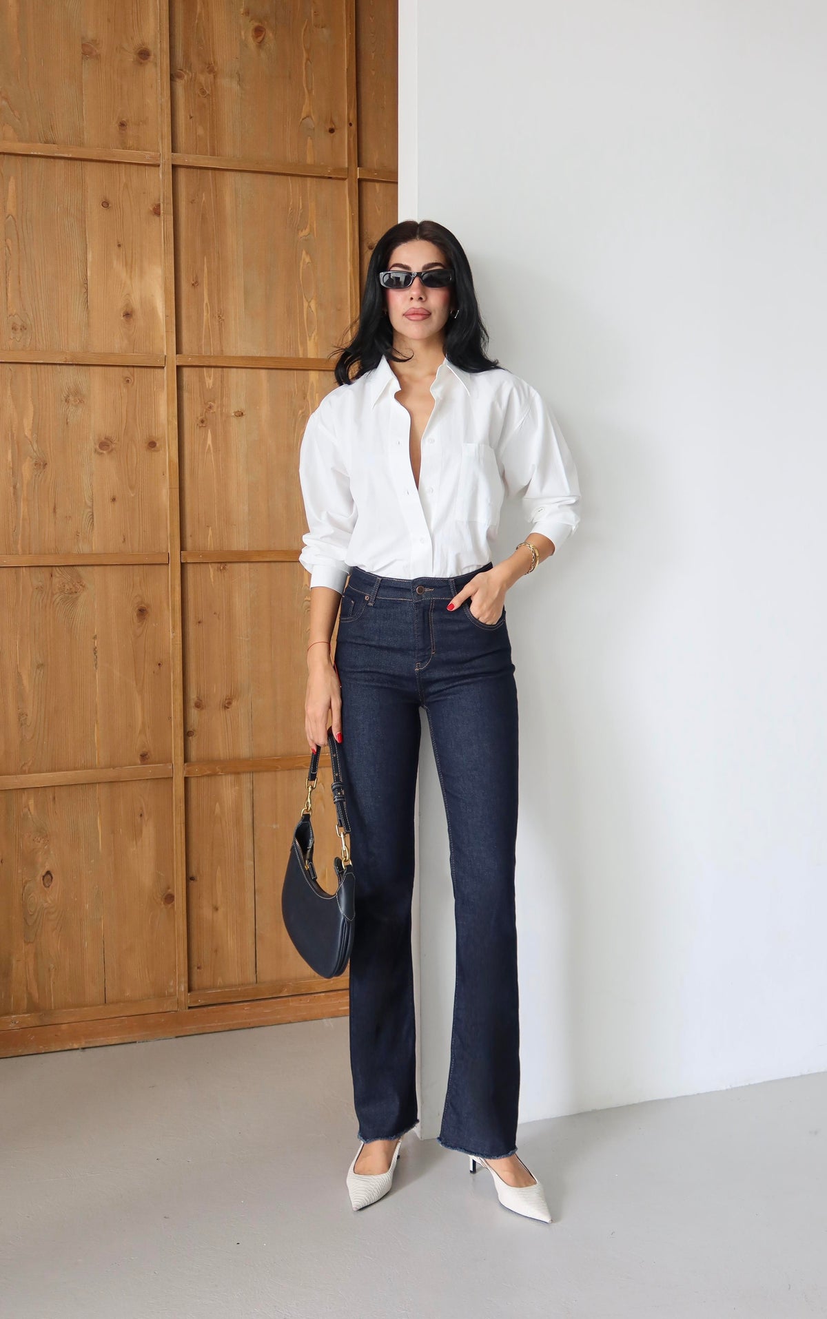 Pantalon Jean Rinse Talie Înaltă Mărime Intermediară Cusături Brute Detailate