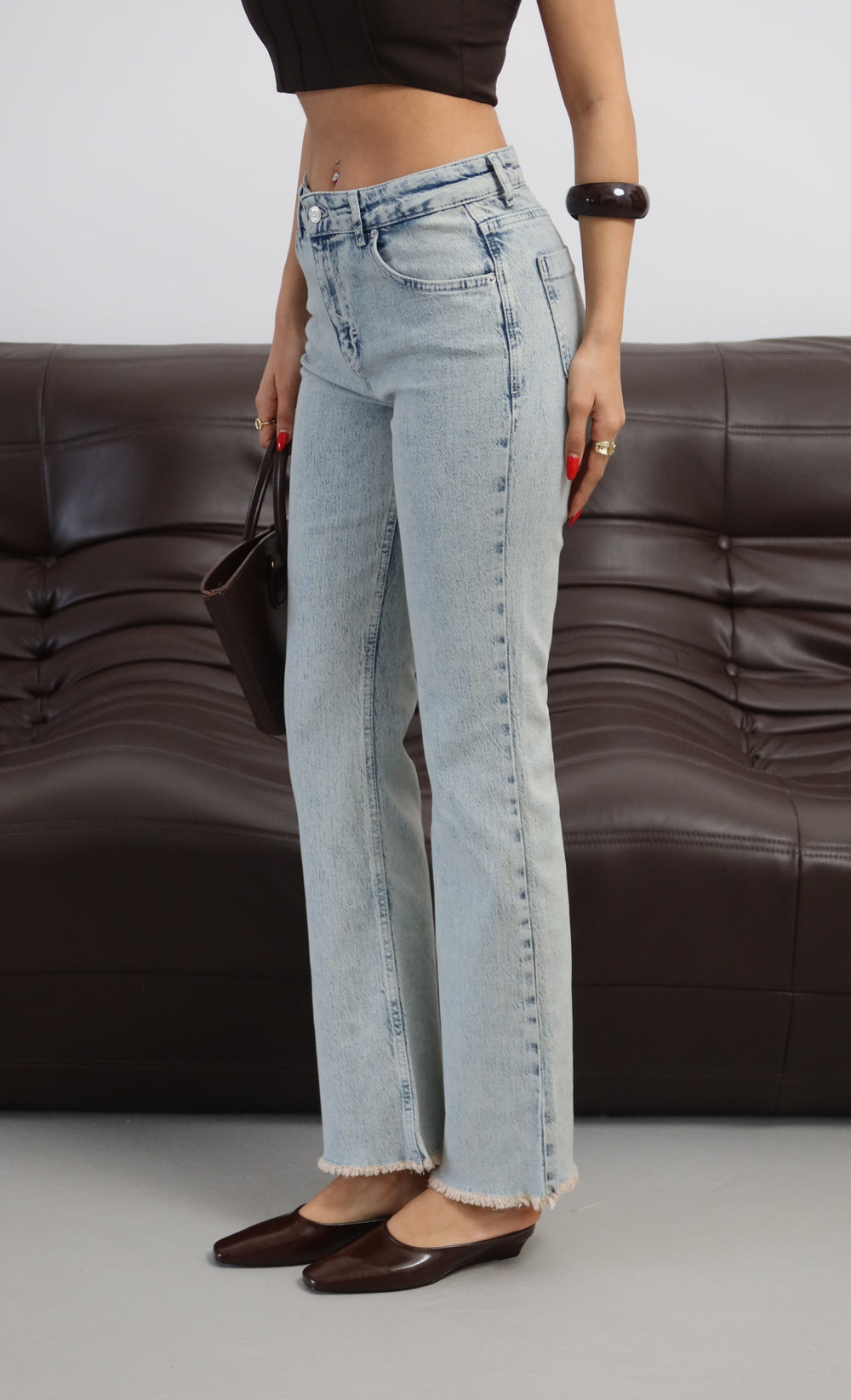 Yüksek Bel Paça Pis Dikiş Detaylı Light Blue Tint Mini Flare Jean Pantolon