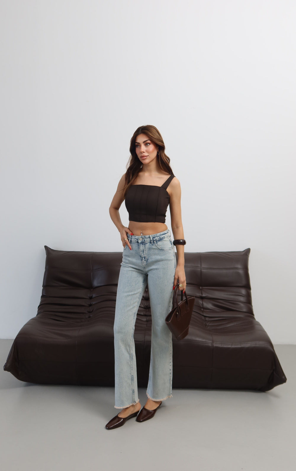Yüksek Bel Paça Pis Dikiş Detaylı Light Blue Tint Mini Flare Jean Pantolon