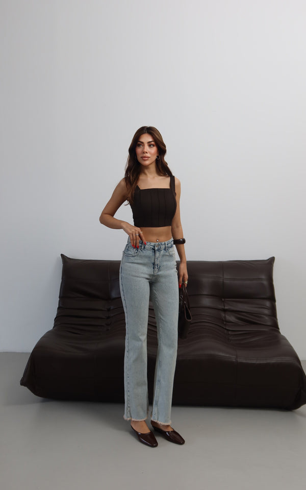 Yüksek Bel Paça Pis Dikiş Detaylı Light Blue Tint Mini Flare Jean Pantolon