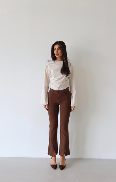 High-waisted Cropped Detail Coffee Jean Pants