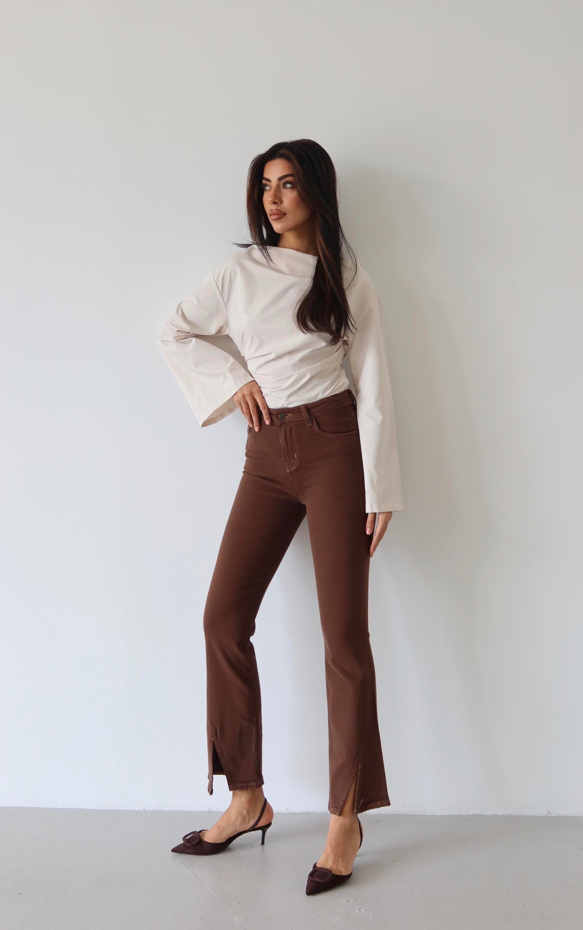 High-waisted Cropped Detail Coffee Jean Pants
