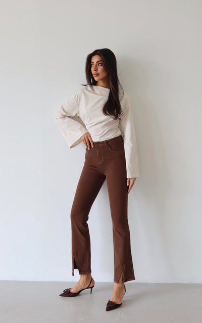 High-waisted Cropped Detail Coffee Jean Pants